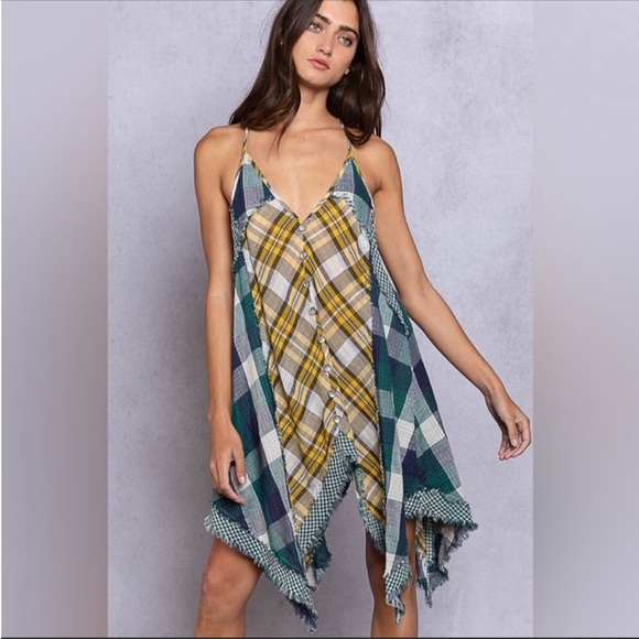 POL - Plaid Patchwork Sleeveless Tattered Hem Dress - Picture 4 of 5